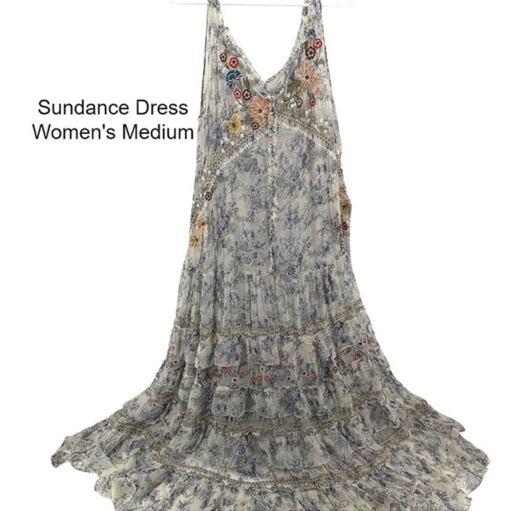 Sundance Dress Boho Floral Embroidered Tiered Maxi Dress Women's Medium